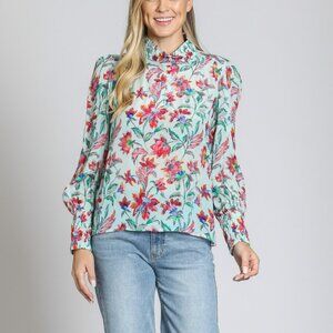 NWT APNY Puff Sleeve Blouse with Ruched Detail – Turquoise Multi